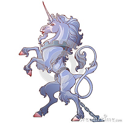 Heraldic unicorn walking on hind legs and chained Vector Illustration