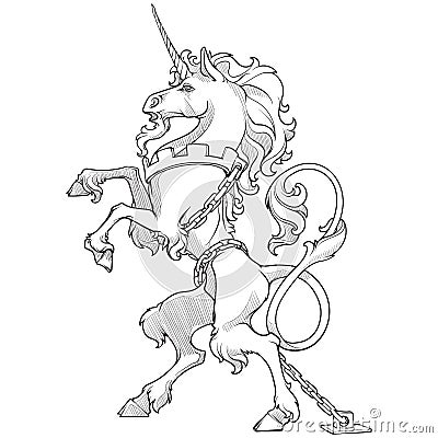 Heraldic unicorn walking on hind legs and chained Vector Illustration