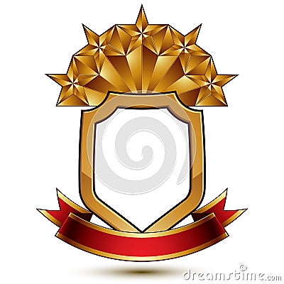 Heraldic vector template with pentagonal golden star placed on security shield and decorated with red ribbon, 3d royal geometric Vector Illustration