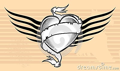 Heraldic winged ribbon heart tattoo background Vector Illustration