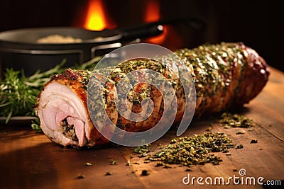 herb-crusted pork loin rotating on a home spit Stock Photo