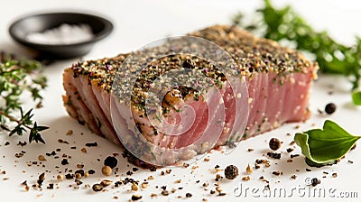 Herb-crusted seared tuna steak, medium rare, with peppercorns and fresh greens Cartoon Illustration