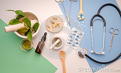 Herb medicine with capsule . natural healthcare product Stock Photo