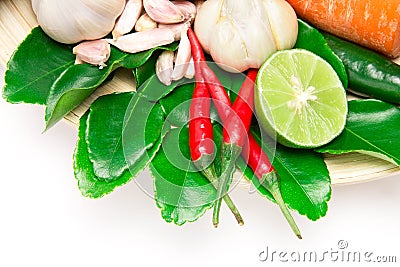 Herb and spice ingredients for asian food on white background Stock Photo