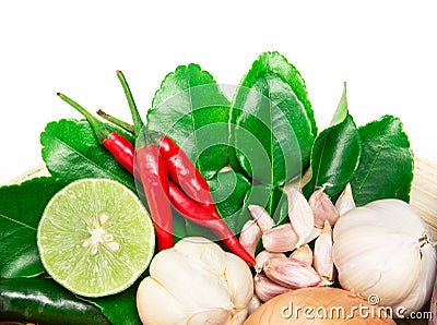 Herb and spice ingredients for asian food on white background Stock Photo