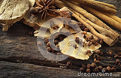 Herb and Spice and seasoning on old wooden background. Stock Photo