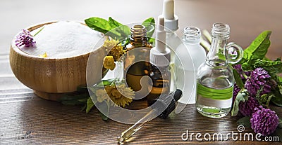 Herbal aromatherapy oils and bath salt with medicinal plants and herbs, essential oils bottles Stock Photo