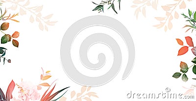 Herbal banner arranged from leaves and lights. Paradise plants, greenery and hydrangea card Vector Illustration