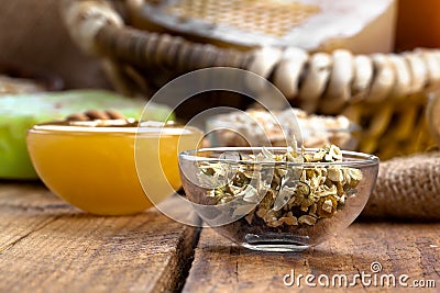 Herbal camomile in the glass bowl Stock Photo