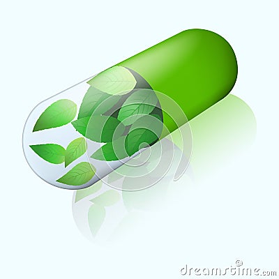 Herbal capsule with flying mint leaves inside. Isometric view with mirror shadow. Green pill. Alternative medicine icon. Vector Illustration