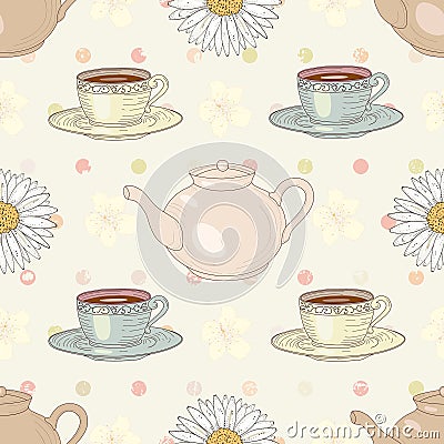 Herbal chamomile tea party seamless pattern Vector Illustration