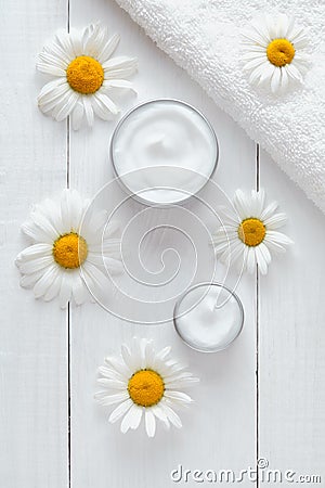 Herbal cosmetic acne cream with chamomile skincare natural organic moisturizer Stock Photo