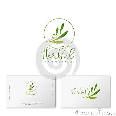 Herbal cosmetics logo. Green leaves and lettering. Identity. Vector Illustration