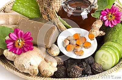 Herbal facial mask Body Skin whitening with Ivy Gourd, Honey and pandan. Stock Photo