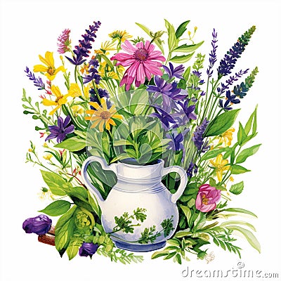 Herbal Harmony in Full Bloom: A Captivating Snapshot of Natural Remedies Cartoon Illustration