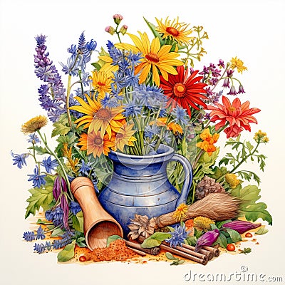 Herbal Harmony in Full Bloom: A Captivating Snapshot of Natural Remedies Cartoon Illustration