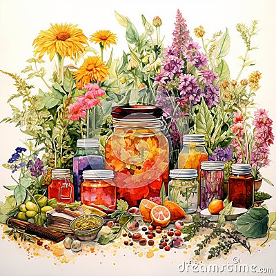 Herbal Harmony in Full Bloom: A Captivating Snapshot of Natural Remedies Cartoon Illustration