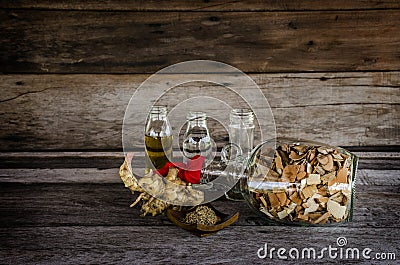 Herbal medicine fermented in white Thai wishky Stock Photo