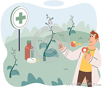 Man homeopathic scientist growing plants, medicinal herbs and flowers, uses natural ingredients Vector Illustration