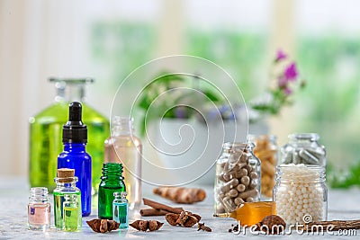 Herbal medicine pills with dry natural herbs Concept of herbal medicine and dietary supplements Stock Photo