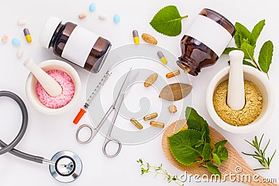 Herbal medicine VS Chemical medicine the alternative healthy car Stock Photo