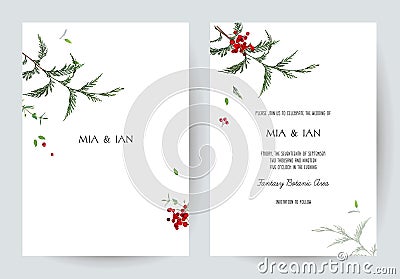Herbal minimalist vector frames. Hand painted branches, leaves on white background. Greenery wedding simple invitations Vector Illustration