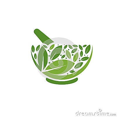 Herbal Mortar and pestle logo Vector Illustration