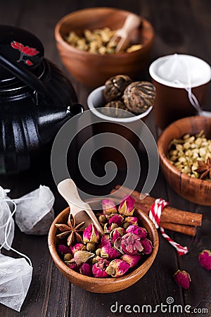 Herbal natural floral tea infusion with dry flowers ingredients Stock Photo