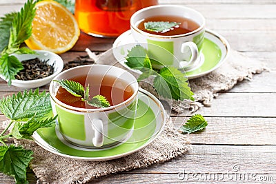 Herbal nettle tea in two cups on the table. Copy space Stock Photo