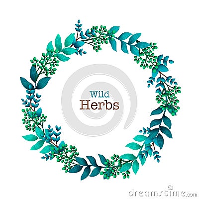 Herbal pre-made composition. Round wreath with leaves and branches. Summer wild herbs with space for your text. Healing Vector Illustration