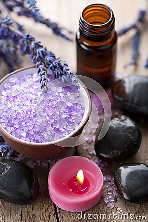 Herbal salt lavender and spa stones Stock Photo