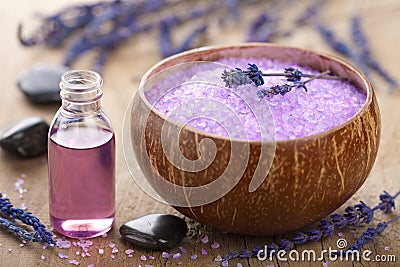 Herbal salt lavender and spa stones Stock Photo