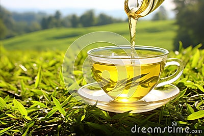 Herbal tea being poured into a clear glass cup on a tranquil green meadow, surrounded by nature Stock Photo