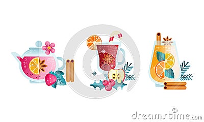 Herbal Tea Collection, Glass Transparent Cups of Healthy Medicinal Tea Flat Vector Illustration Vector Illustration