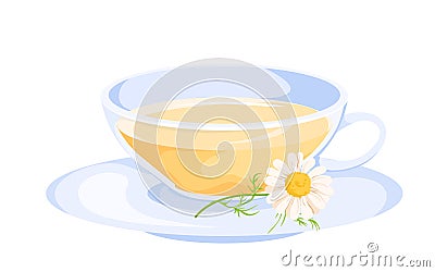 Herbal tea in cup. Cartoon wild camomile flowers with white petals and green leaf on stem. Vector Illustration