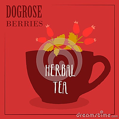 Herbal tea with dogrose berries. The design of the label. Vector Illustration