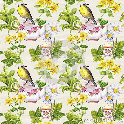 Herbal tea - pot, cup and bird. Repeating pattern. Watercolor Stock Photo