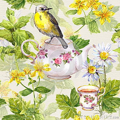 Herbal tea - pot, cup and bird. Repeating pattern. Watercolor Stock Photo