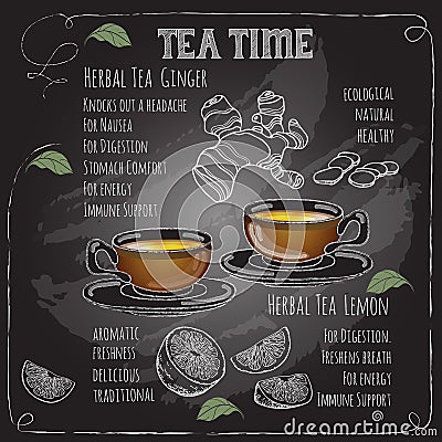 Herbal Tea Time card with cup, teapot, Lemon, ginger. Vector Illustration