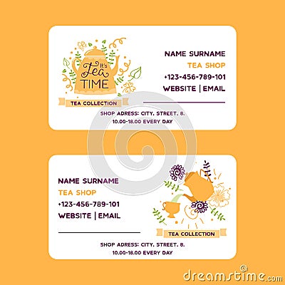 Herbal tea vector business card with teapot flowers and herbs. Design for herbal and green tea collection, drink menu Vector Illustration