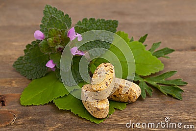Herbal vitamin and supplement pills with herbs Stock Photo
