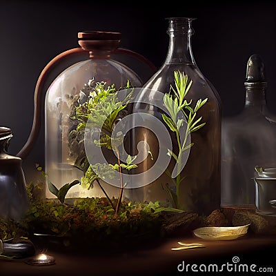 Generative AI: herbalism jars with tree Stock Photo