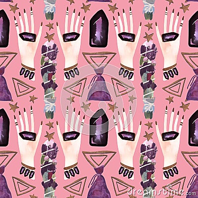 Herbalist's hands create harmony. A magical ritual of cleansing with herbs and stones. Seamless pattern for a modern witch. Cartoon Illustration