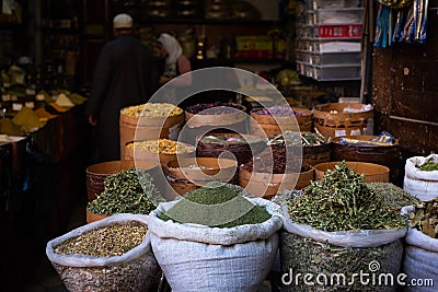 Herbals and spices at food market stall Suq Al Hamidiyah in Damascus Stock Photo