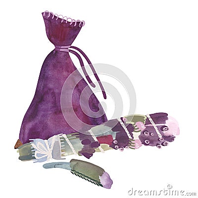 Herbology: purple suede pouch with golden corners and dried herbs for cleansing and fumigation ritual.Modern Witch. Home harmony. Cartoon Illustration