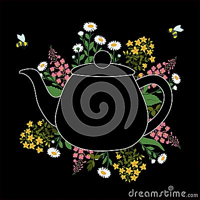 Herbs around the teapot on a black layer with the flying bees Stock Photo