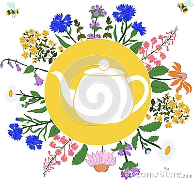 Herbs around the teapot in the circle with flying bees Stock Photo