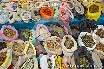 Herbs, potions and powders. Market in Pukara, Puno, Peru Stock Photo