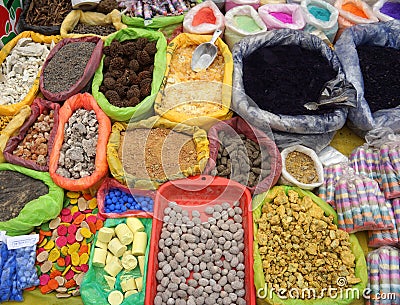 Herbs, potions and powders. Market in Pukara, Puno, Peru Stock Photo