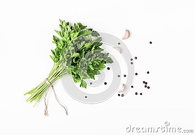 Herbs and spices isolated on white background. Parsley, garlic and pepper. Ingredients for cooking. Flat lay. Stock Photo